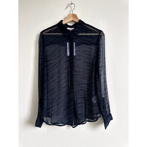 Ganni Chiffon Collar Buttons Up Blouse Shirt In Navy Tiger Print Size 36 4 US